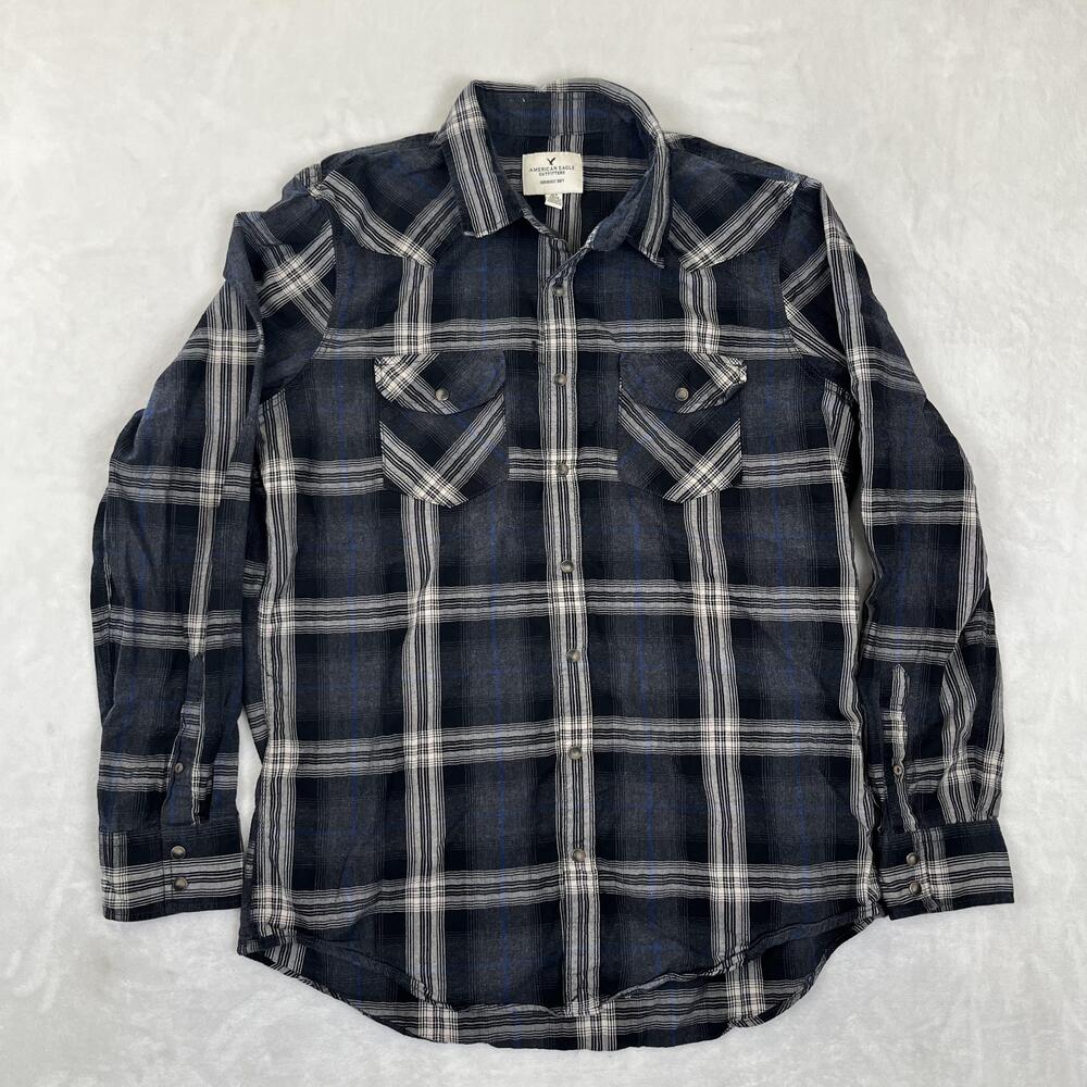 American Eagle Outfitters Shirt Mens XLT Blue Plaid Long Sleeve Snap Front